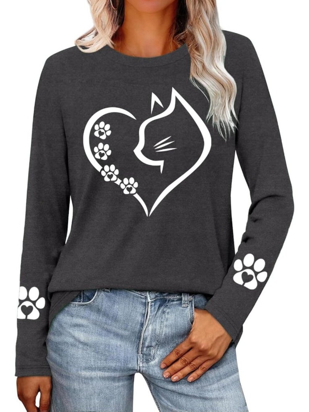 Women's Cat Mom Long Sleeve Tee - Heart Paw Print Shirt for Pet Lovers